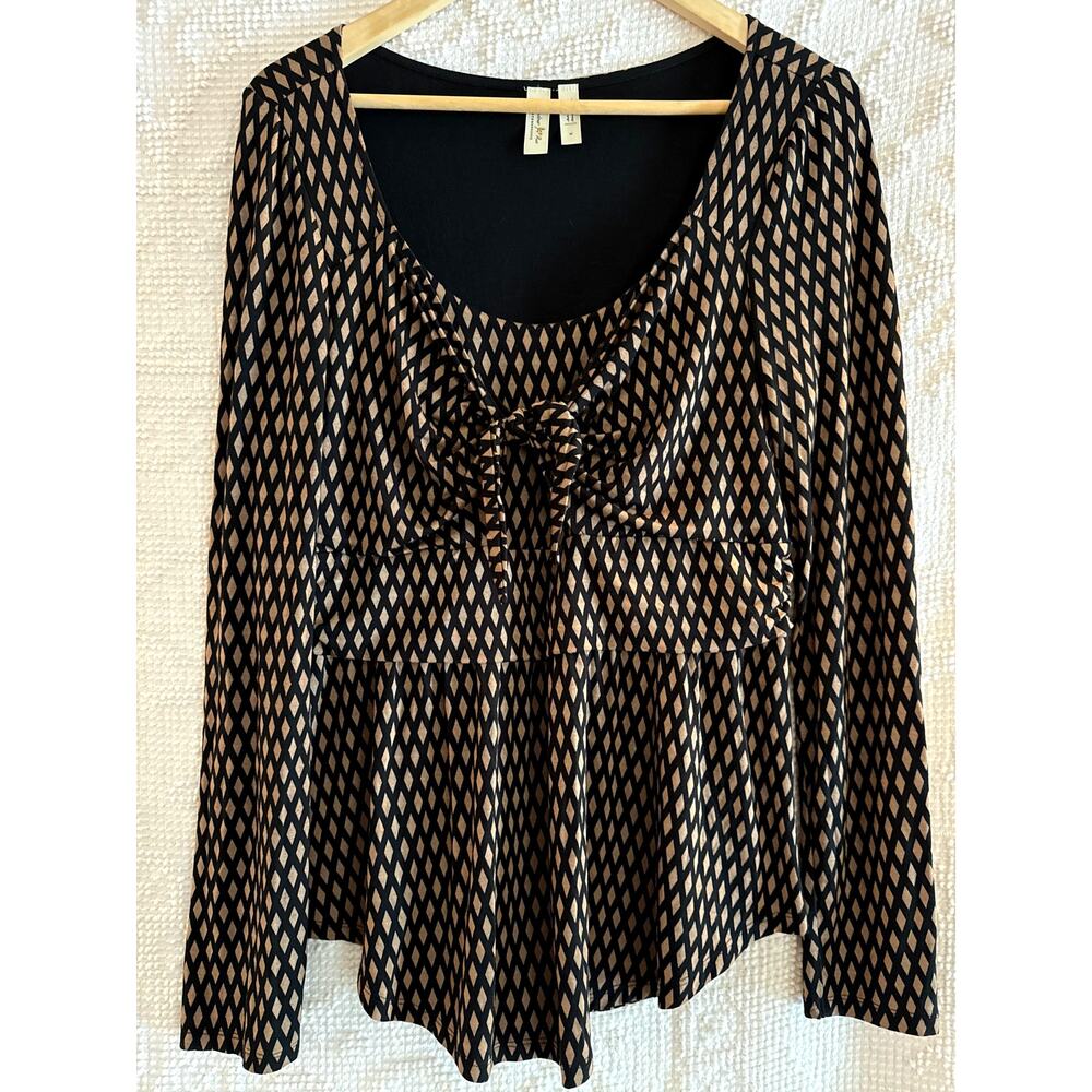 ANTHROPOLOGIE MEADOW RUE Long Sleeve Top Scoop Neck Black Tan Size Medium